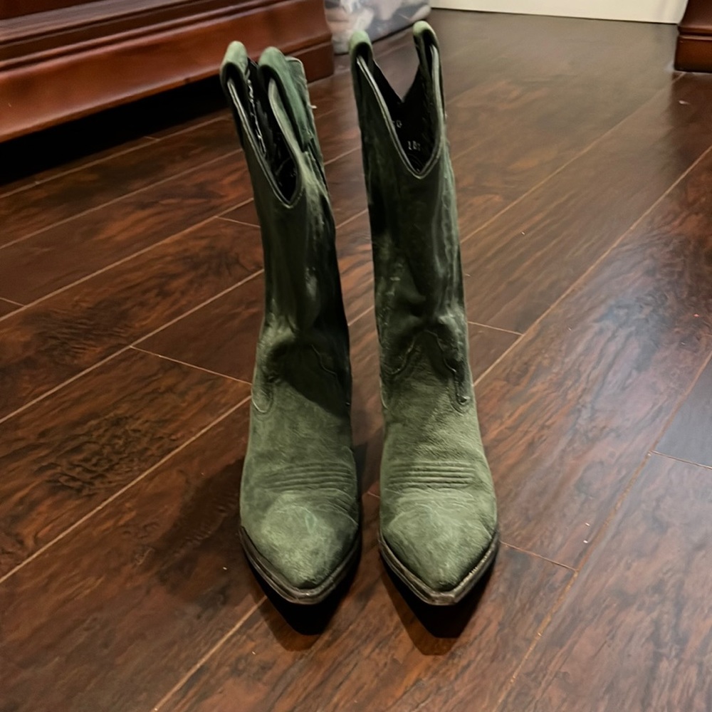 Green suede cowboy boots